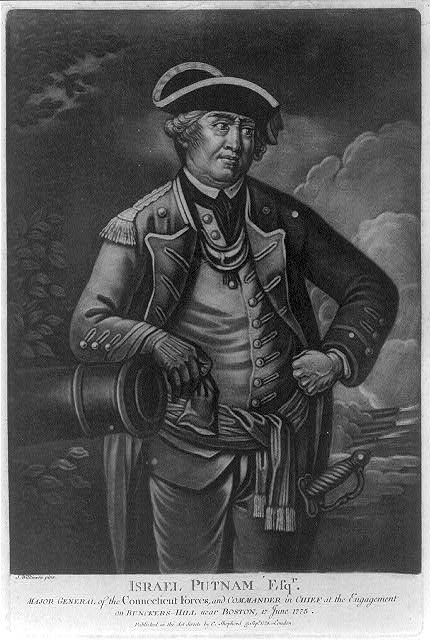 Mezzotint portrait of Israel Putnam. Engraved by J. Wilkinson, published by C. Shepherd, London, September 1775. Inscription identifies Putnam as commander-in-chief at Bunker Hill.